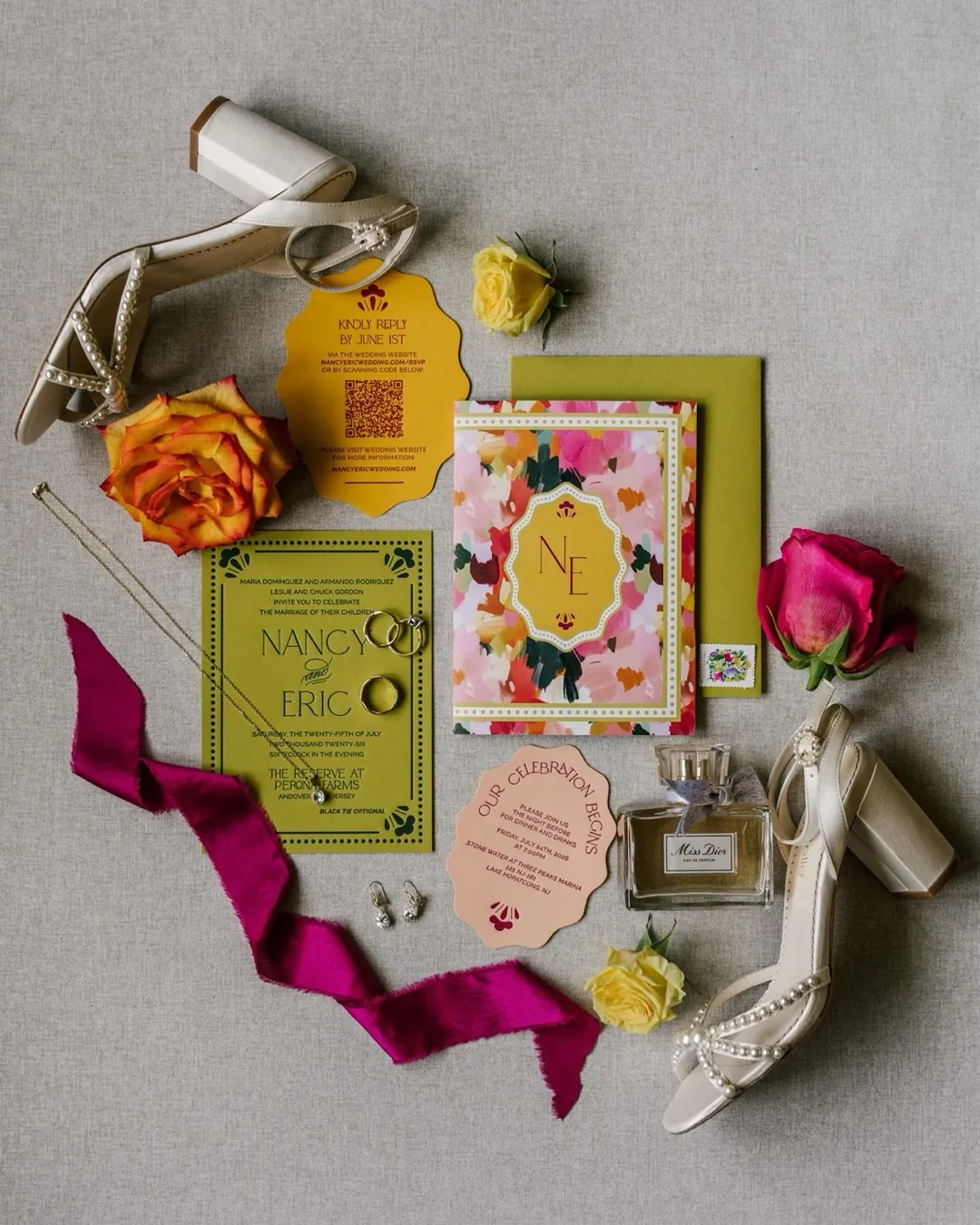 Bold chartreuse and pink invitation suite for Nancy & Eric with a QR-code RSVP card, heels, and magenta ribbon