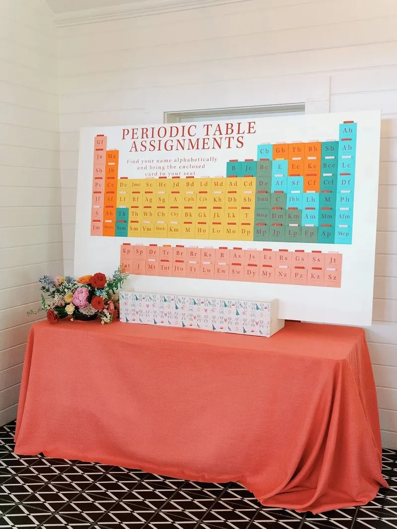 Playful "Periodic Table Assignments" seating chart in coral, teal, and gold above a coral-draped table