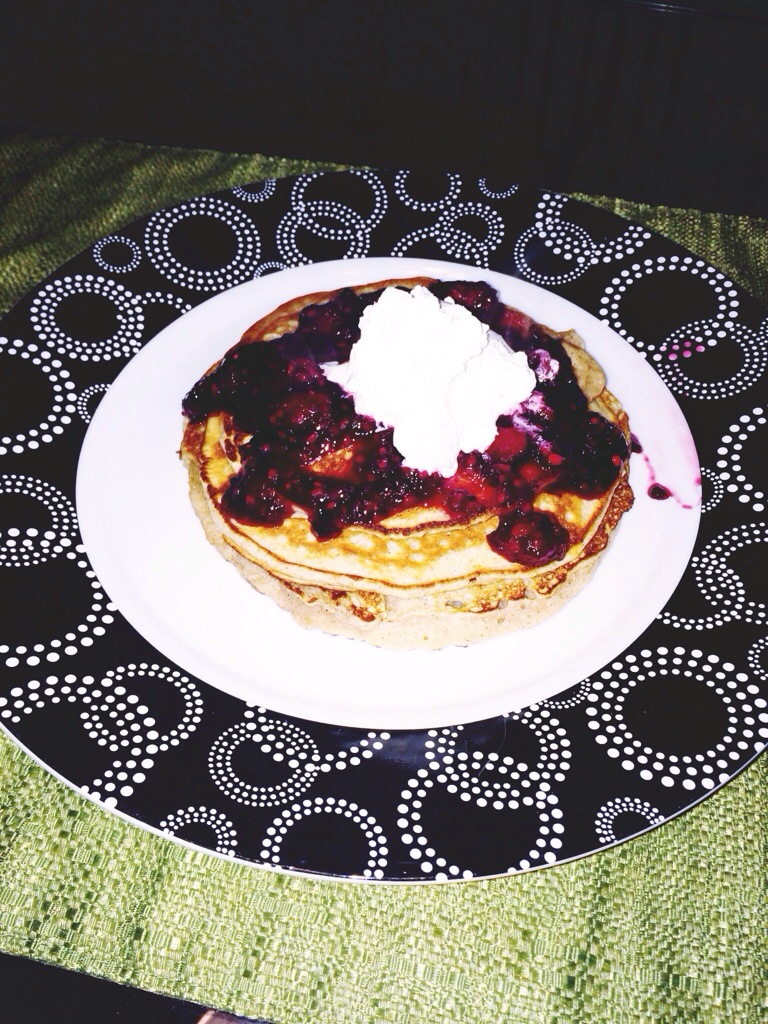 Fluffy Cinnamon Pancakes with Blackberry Liqueur Compote and Cinnamon Whipped Cream